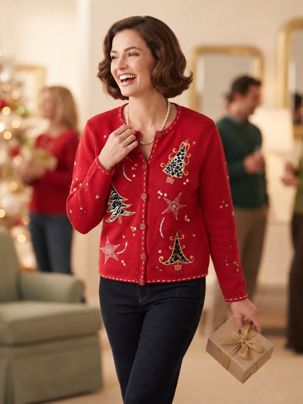 Holiday Editions Women M Red Cardigan Christmas Sweater Animal Print Beaded VTG